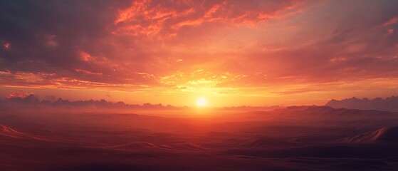 Fiery Sunset Over a Misty Landscape