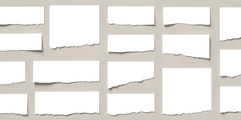 Several white torn paper sheets of different sizes with rough edges, arranged on a white background, creating a collage-like effect  .