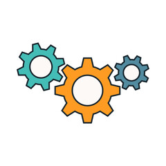 Flat Style Illustration of Rotating Cogwheels in Orange, Teal, and Blue Indicating Teamwork and Process Efficiency
