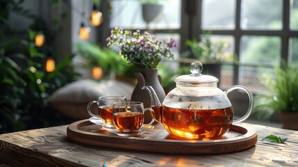 Glass teapot and two cups of hot tea on wooden tray, creating cozy atmosphere in front of window