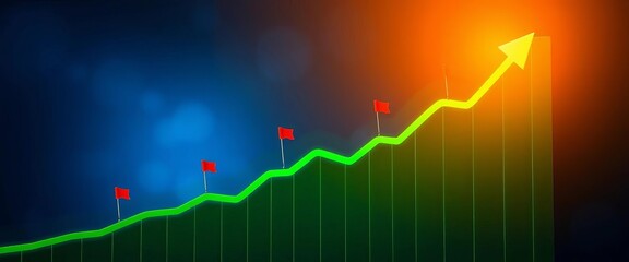 Steep upward trending graph with green lines and small red flags indicating potential risks,  economic growth,  chart