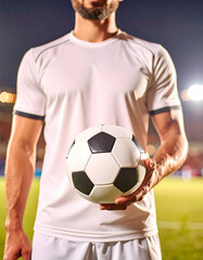 Soccer Player Holding Black and White Ball on Illuminated Field at Night in White Uniform with Stadium Background
