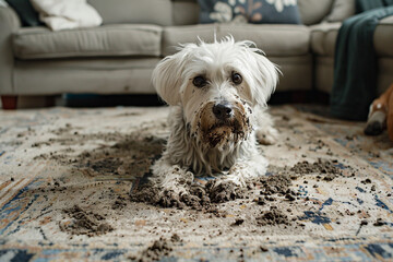 Messy white dog with a muddy face lying on a dirty carpet in a cozy living room, looking guilty after digging in the soil.