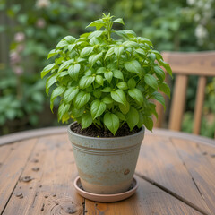 pot de basilic frais sur la table du jardin