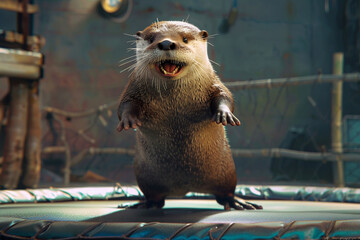 Cheerful otter character with open arms and big smile, standing on trampoline in a playful cartoon environment.