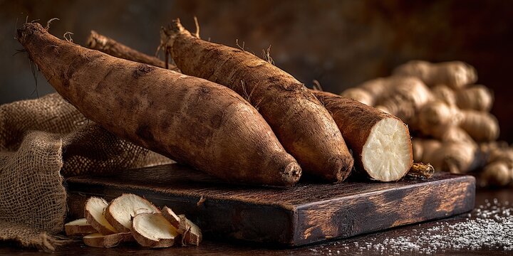 Three large, earthy-toned yacon roots sit on a dark wooden board, next to a pile of smaller ginger roots.  A rustic setting.