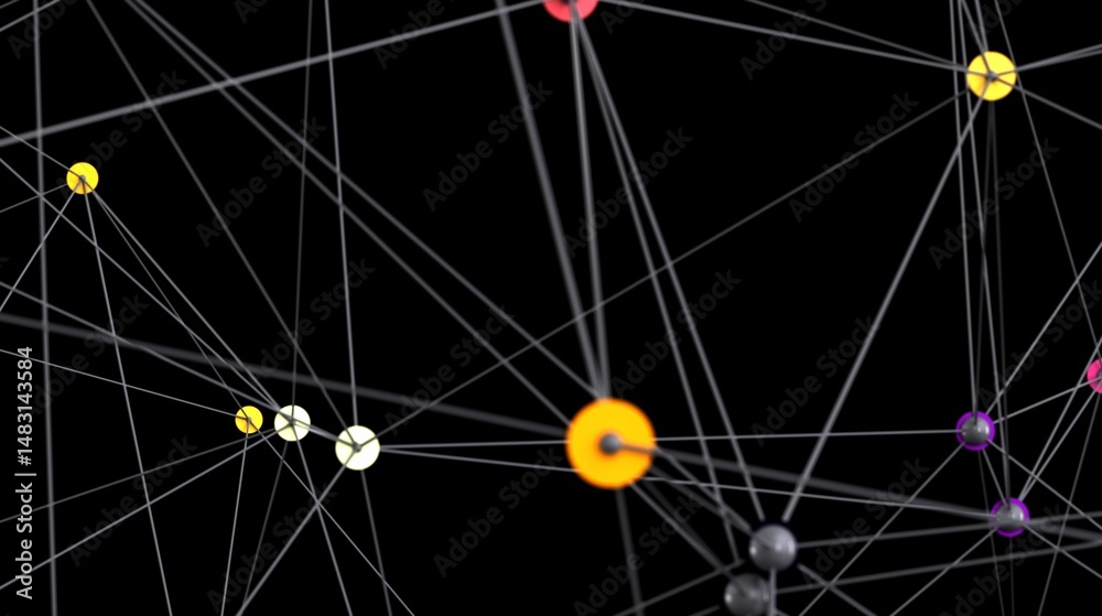 Poster Colorful nodes connected by lines, representing network, technology, or connections.  Perfect for tech backgrounds.