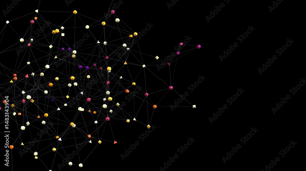 Aufkleber Stock photo of abstract network connection.  Colorful dots and lines on black background. Ideal for technology, data, and connectivity concepts.