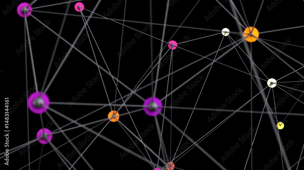 Leinwandbilder 3D rendering of abstract network connection.  Colorful nodes and lines on black background.