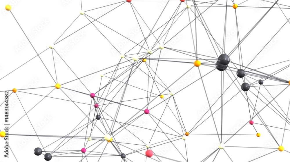 Poster Stock photo of an abstract network with colorful nodes and connecting lines. Ideal for tech, business, and communication concepts.