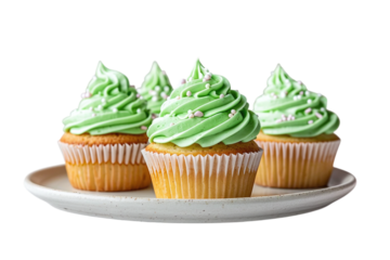 Three Vanilla Cupcakes with Green Topping on White Plate Varient 5