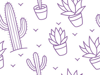 Seamless cactus and succulent pattern with minimal potted plant line drawings in soft purple. Perfect for desert, or botanical themes. Great for packaging, fabric, and stationery design.