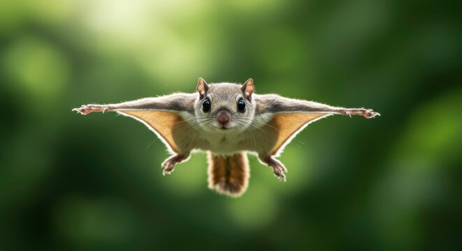 Adorable flying squirrel glides through air breathtaking nature scene