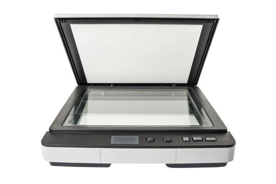 Flatbed scanner with open lid and control buttons visible on the front panel.
