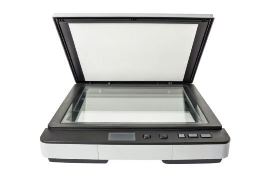 Flatbed scanner with open lid and control buttons visible on the front panel.