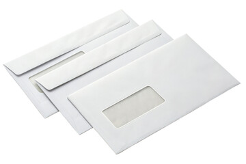 White mailing envelopes with rectangular windows, commonly used for business correspondence and documents.