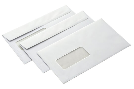 White mailing envelopes with rectangular windows, commonly used for business correspondence and documents.