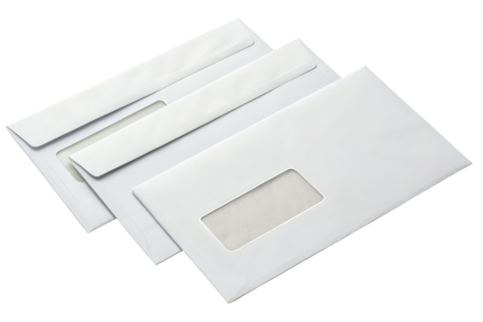 White mailing envelopes with rectangular windows, commonly used for business correspondence and documents.