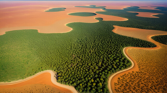 abstract landscape of the deserts of Africa from the air emulating the shapes and colors of the forests in Autumn