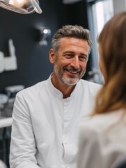 Naklejka premium A smiling male dentist in a white coat warmly talks with a patient in a modern dental clinic.