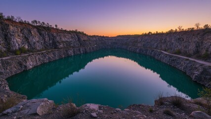 Tranquil Lake Scene Within Rocky Quarry Under Colorful Sunset Sky