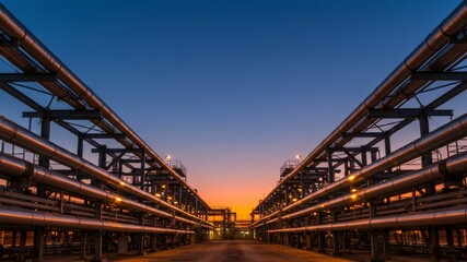 Symmetrical Industrial Steel Pipelines And Infrastructure At Sunset With Orange And Blue Skies