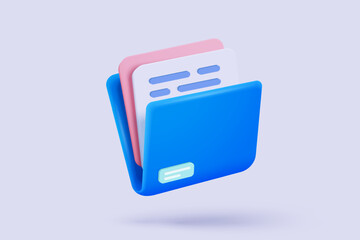 3d folder and paper sheet for management multimedia file cyberspace, document efficient work on project plan. Image paperwork and video document folder icon. 3d picture icon vector render Illustration