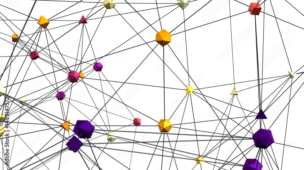 Aufkleber Stock photo of an abstract network.  Colorful polygons connected by lines. Ideal for technology, connection, and networking concepts.