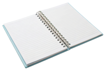A spiral-bound notebook with lined pages lies open, ready for writing or note-taking.
