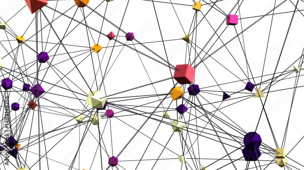 Poster Abstract illustration of a network with colorful geometric shapes. Ideal for technology, connection, and communication concepts.