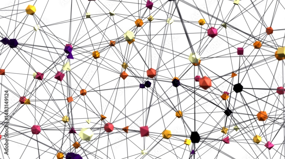 Fototapete Abstract background image depicting a network of interconnected colorful polygons. Ideal for technology, connection, and networking concepts.
