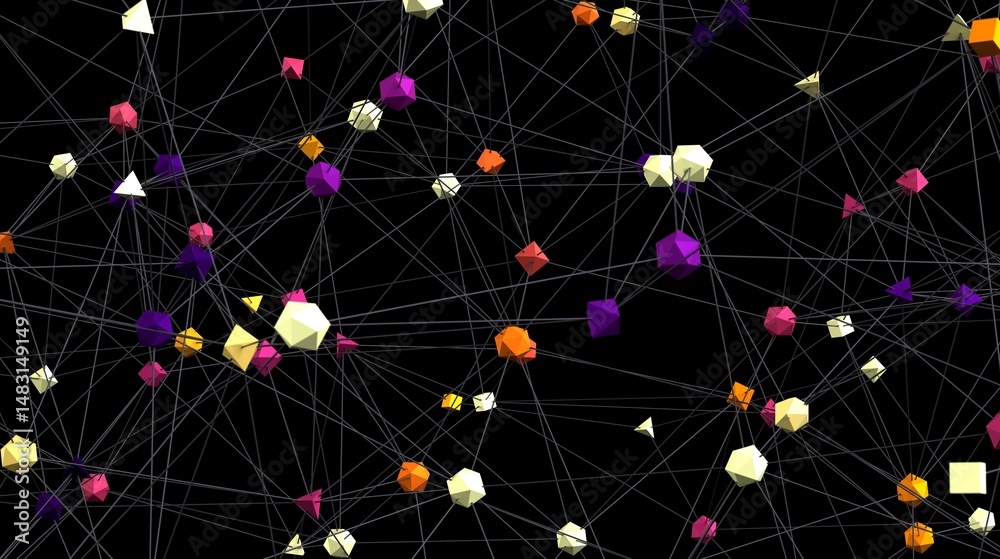 Fototapete Stock photo of an abstract network visualization with colorful polygons and connecting lines. Ideal for technology, connection, and network concepts.