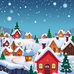 Cartoon Winter Village at Night with Cozy Snow-Covered Houses
