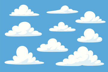 Cloud simple vector set with fluffy and puffy cloud shapes on blue sky background