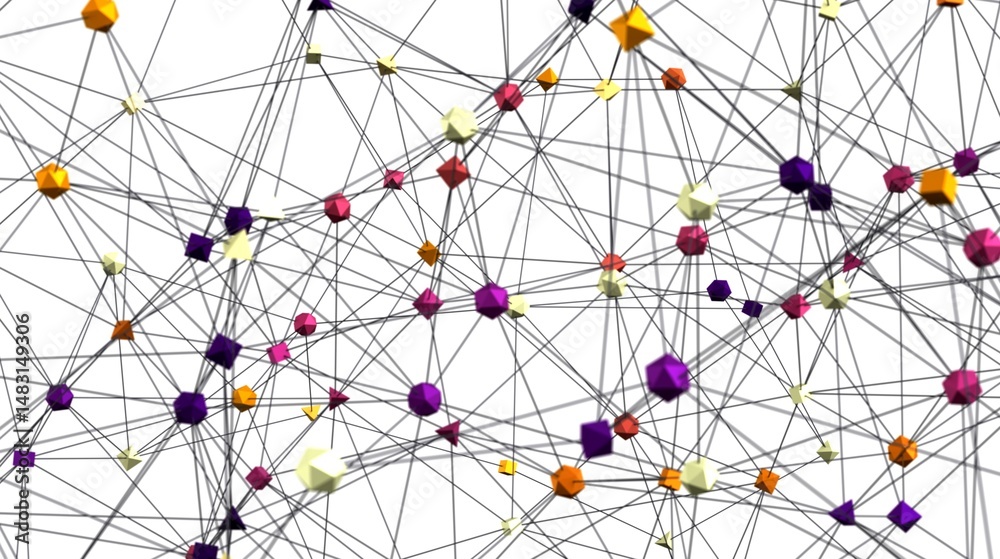 Fototapete Stock photo of a complex network with colorful nodes and connections. Perfect for illustrating networking, technology, or connectivity.