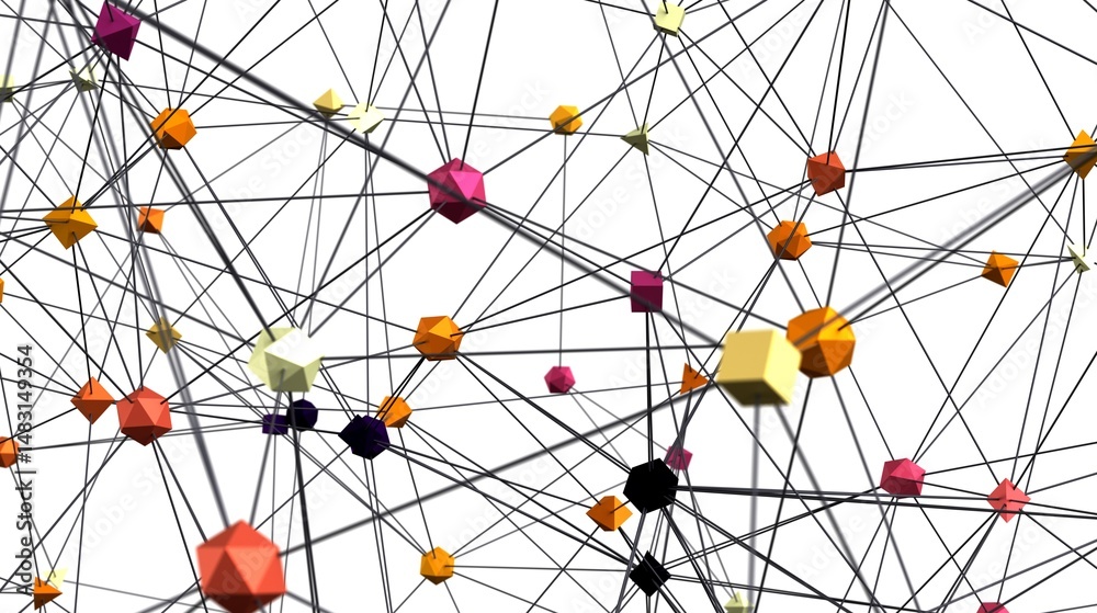 Poster Modern network graphic with vibrant polygons connected by lines. Ideal for technology, connectivity, and data concepts.