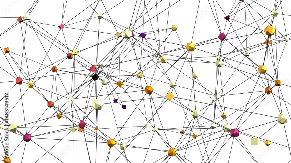 Poster Abstract image depicting a complex network of interconnected nodes. Ideal for technology, data science, and networking concepts.