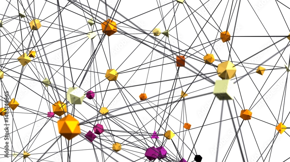 Poster Stock photo of an abstract network with colorful polygons and interconnected lines. Ideal for technology, connection, and network concepts.