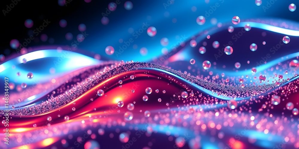 Poster Abstract Chrome Particles Swirl Seamlessly, Creating Mesmerizing Motion, Reflecting Vibrant Light. Metallic Luster Adds A Luxurious Effect. These Dynamic Patterns Provide Visual Interest, Perfect For