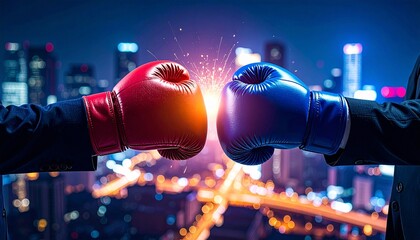 Boxing gloves representing business rivalry with a night city view in the background