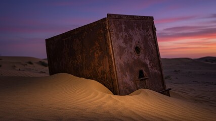 Weathered Rectangular Structure Embedded In Desert Sand Under A Colorful Evening Sky