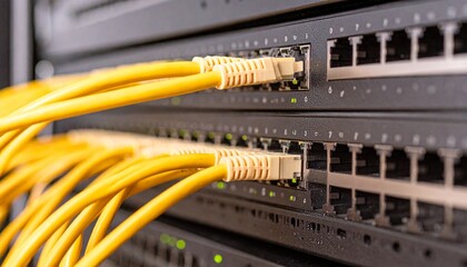 Modern Network Server Rack with Ethernet Cables Connected: A close-up shot showcasing a server rack with multiple network devices and a bundle of yellow Ethernet cables.