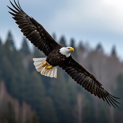 Obraz premium Bald eagle soars through the sky with wings fully extended over a blurred forest background