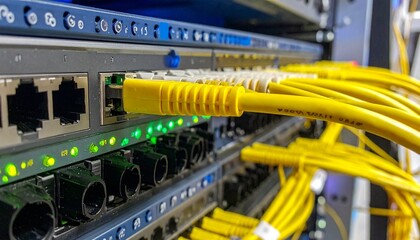 Detailed shot of network server with various cables