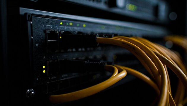 An up-close view of a server rack with network cables. The intricate details highlight the essential infrastructure