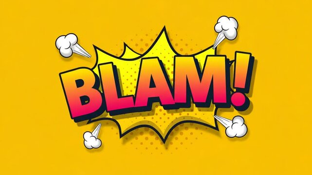 Pop art blam graphic with explosion effect on bright yellow background