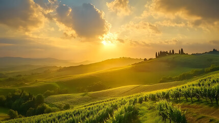 Golden Sunset over Tuscan Vineyard Hills in Italy