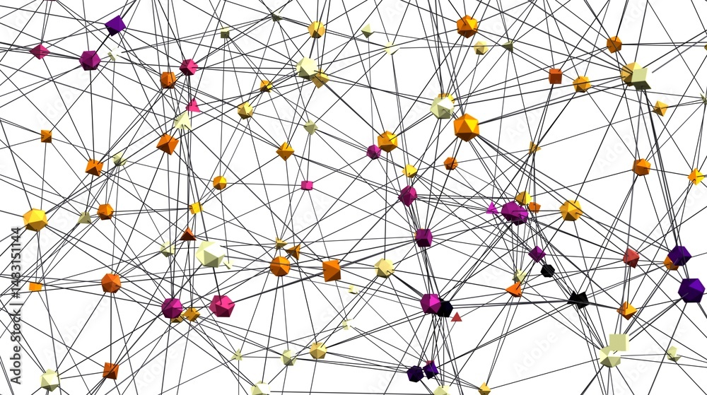 Poster Complex network visualization with vibrant polygonal nodes and interconnected lines. Ideal for technology, data, and connection concepts.