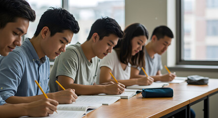 Diverse Asian Students Engaged in Study at Classroom Desk with Sunlight and Notebooks