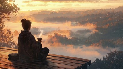 Serene Sunrise Traveler's Peaceful Moment on Mountaintop